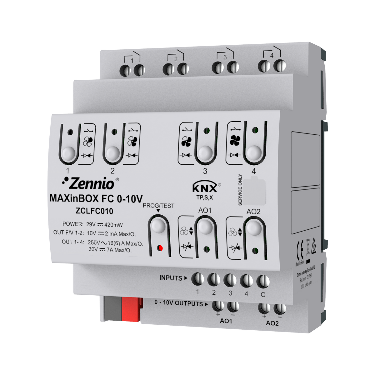 MAXinBOX FC 0-10V. Fan coil controller for 2/4-pipe units with 0-10 VDC control of fan and/or valves by Zennio
