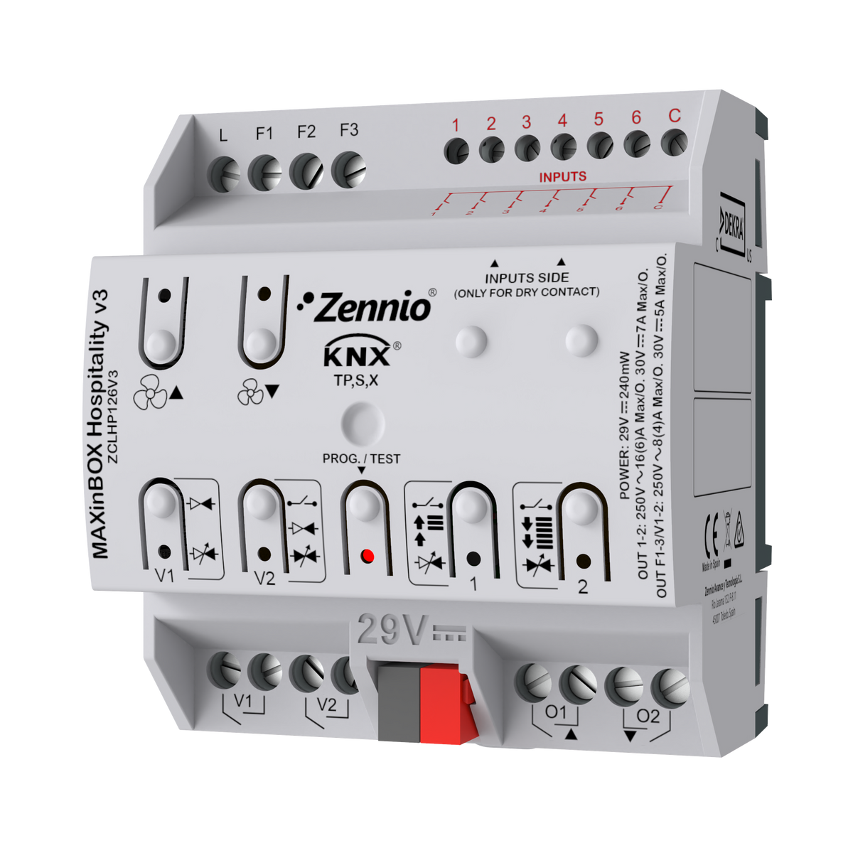 MAXinBOX Hospitality v3. Fan coil controller for 2/4-pipe unit with 2 16A C-load outputs and 6 a/d inputs with KNX Secure by Zennio