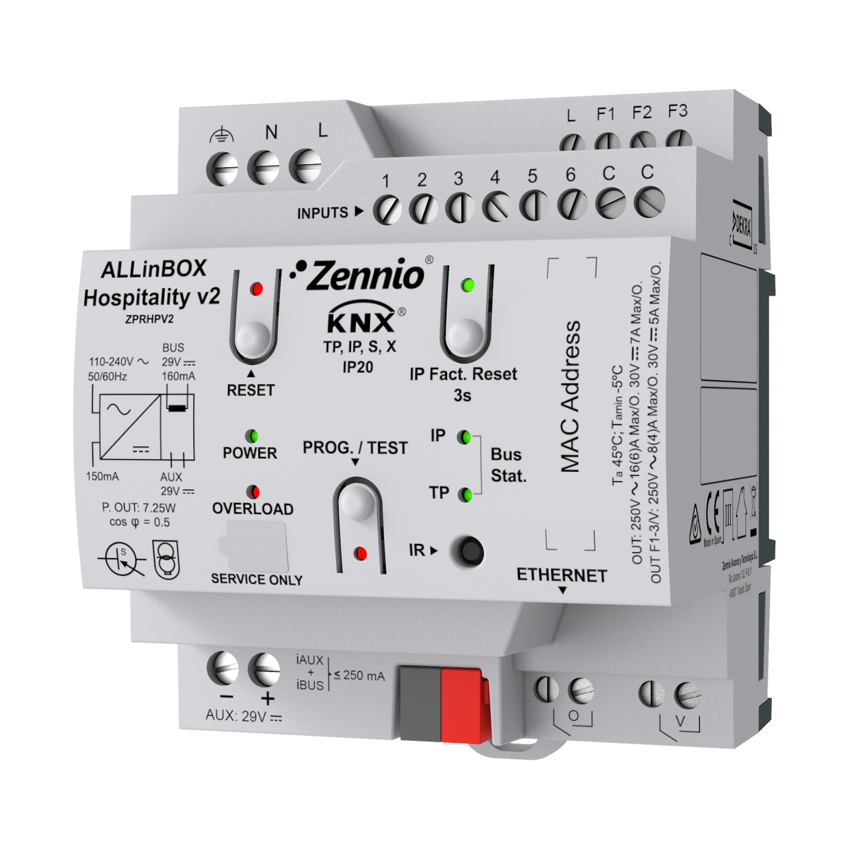 ALLinBOX Hospitality v2. Multifunction device with KNX power supply, KNX-IP Interface, fan coil controller for 2-pipe unit and 6 a/d inputs by Zennio